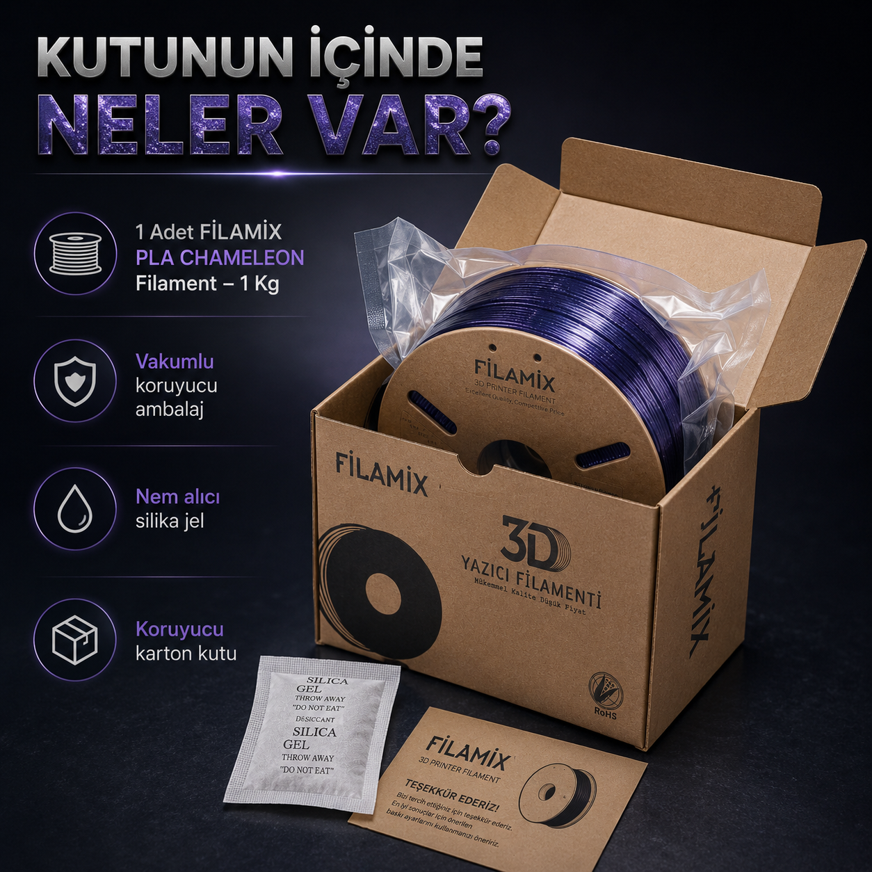 Filamix PLA Chameleon Burning Titanium / Yanık Titanyum makara ve kutu i&ccedil;eriği